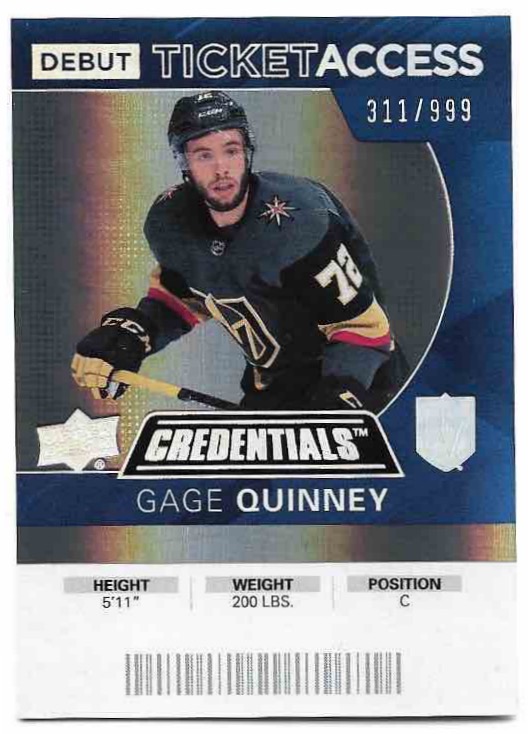 Rookie Debut Ticket Access GAGE QUINNEY 20-21 UD Credentials /999