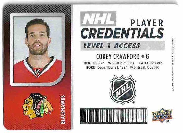 NHL Player Credentials Level 1 COREY CRAWFORD 17-18 UD MVP